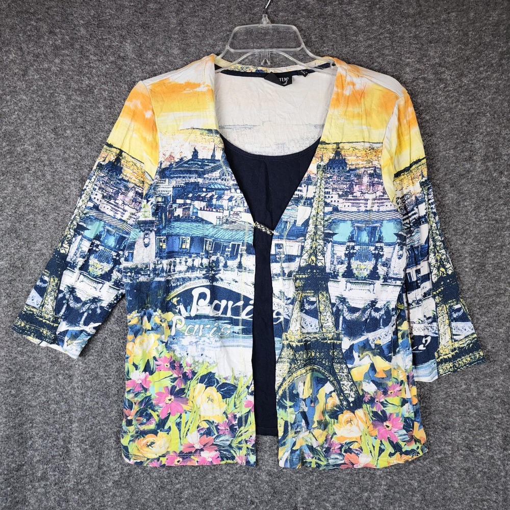 Onque Casuals Top Womens L Paris Cityscape 2-in-1 Layered Multicolor EUC